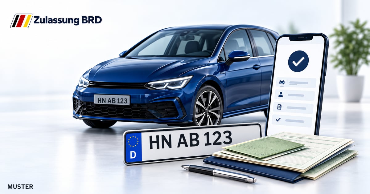 Online Fahrzeugzulassung in Neuenstadt am Kocher: Musterkennzeichen HN AB 123, Auto und Fahrzeugpapiere und Smartphone. Illustration mit Logo von Zulassung BRD.